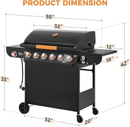 Lyromix 6 Burner Propane Gas Grill with Side Burner, Gas BBQ Grills With Porcelain-Enameled Cast Iron Grates and Bottle Opener, Grill for Outdoor Cooking, Patios, Backyards, 72000BTU
