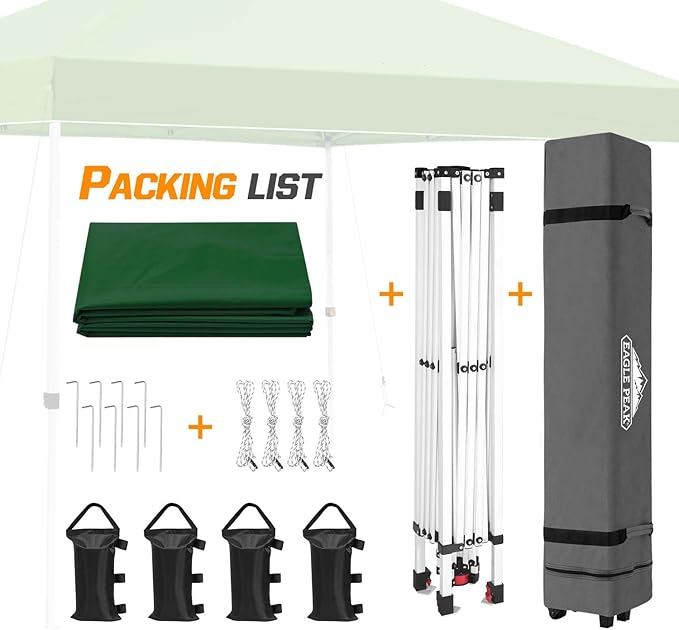 EAGLE PEAK Pop Up Canopy Tent with Wheeled Carry Bag, 8 Stakes, 4 Ropes, 4 Weight Bags, Easy Set Up Tent Canopy, 10x10 ft, 100sqft of Shade, Green