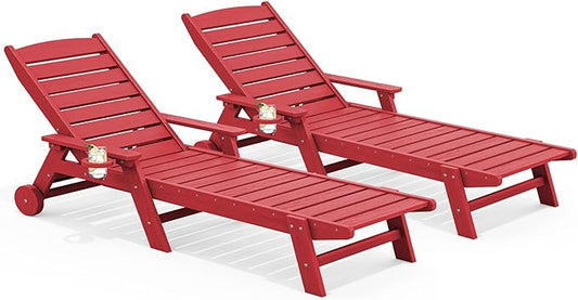 SERWALL Patio Chaise Lounge Chair Set of 2, 78'' Long 5-Positions Adjustable HDPE Outdoor Lounger for Pool, Poly Lounge Chair with Rolling Wheels & Cup Holder for Poolside, Deck, Bright Red
