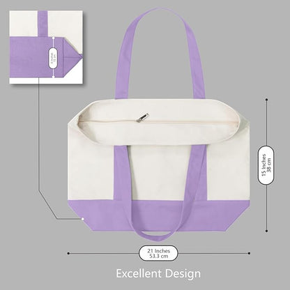 TOPDesign 1-Pack Canvas Tote Bag with an External Pocket, Reusable Grocery Shopping Bag, Top Zipper Closure, Daily Essentials (Lavender/Natural)