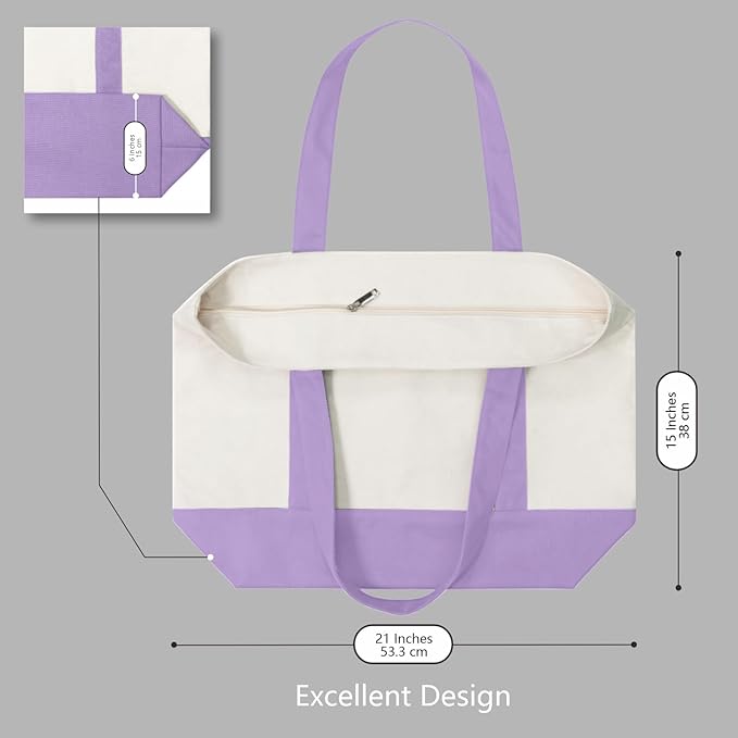 TOPDesign 6-Pack Canvas Tote Bags with an External Pocket, Reusable Grocery Shopping Bags, Top Zipper Closure, Daily Essentials (Lavender/Natural)