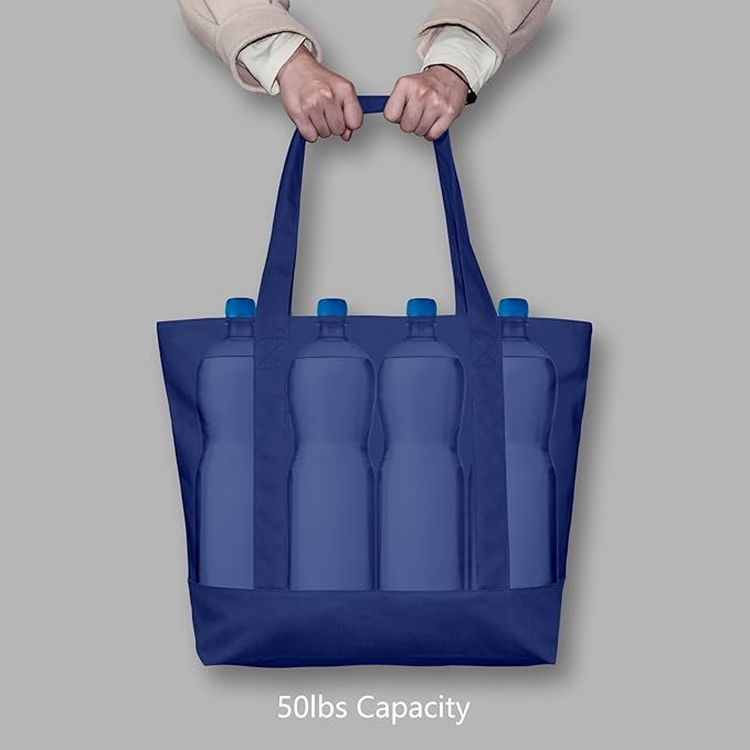 TOPDesign 6-Pack Canvas Tote Bags with an External Pocket, Reusable Grocery Shopping Bags, Top Zipper Closure, Daily Essentials (Blue)
