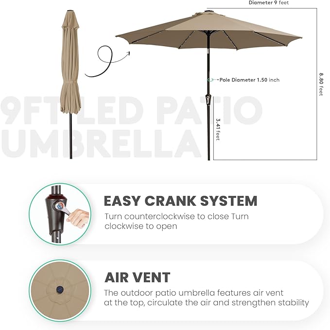 JEAREY 9' Patio Umbrella with Solar Lights, LED Umbrella, Tilt & Crank UV - Image 7