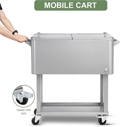 EDOSTORY 80 Quart Rolling Ice Chest Cooler Cart,Patio Backyard Party Drink Beverage Bar Stand Up Cooler Trolley with Ice Scoop