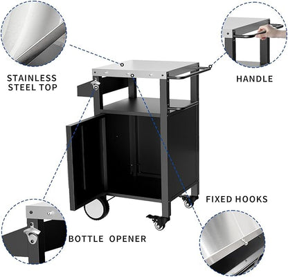 Outdoor Grill Cart with Storage, Stainless Steel Top, Movable Patio Kitchen Island, Rolling BBQ Cart, Dining Serving Cart for Family Party, Food and Others Prep Station, Black