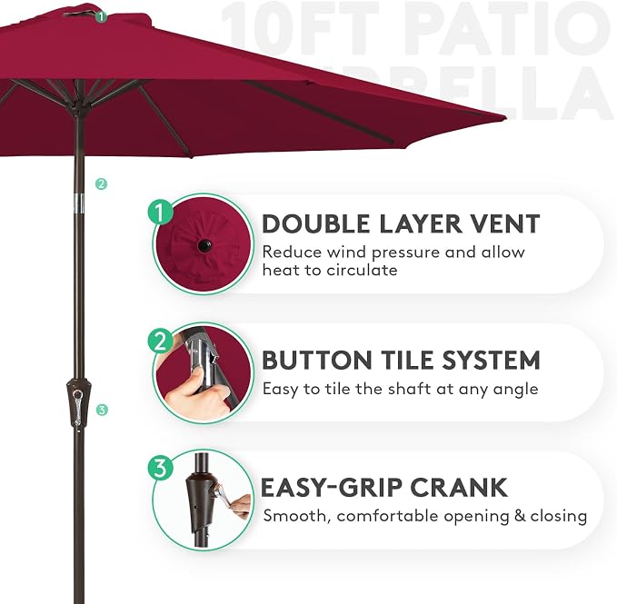 JEAREY 10 ft Outdoor Patio Umbrella w/Tilt and Crank, Wine Red | 8 Sturdy Ribs - Image 2