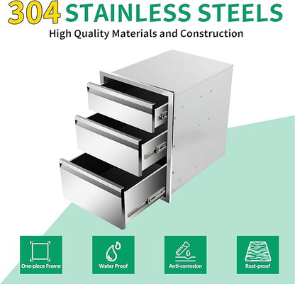 Outdoor Kitchen Drawers 18" W x 24" H x 23" D Stainless Steel Triple Drawers with Hidden Handle for BBQ Island, Patio Grill Station & Outdoor Kitchen Cabinets