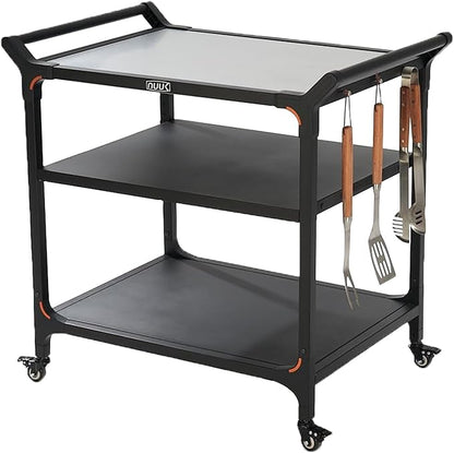 NUUK Outdoor Pizza Oven Table with Three-Shelf 24" x 32" Grill Cart Stainless Steel Rolling Prep Table with Solid Steel Frame, Outdoor Cooking Station Dining Bar Table