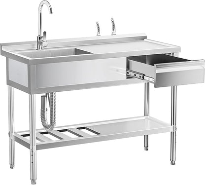 Stainless Steel Sink with Cold and Hot Water Pipes, Free Standing Single Bowl Commercial Kitchen Sink W/Workbench & Storage Shelf, Faucet For Laundry Room, Farmhouse, Indoor/Outdoor(47 inch)