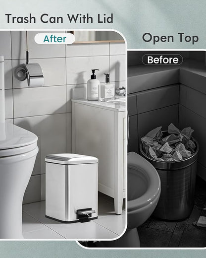 Bathroom Trash Can with Lid, 6 Liter / 1.6 Gallon Small Trash Can with Removable Liner Bucket, Soft Close lid & Step Pedal, Silver Stainless Steel Garbage Can for Bedroom, Office, Dorm