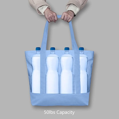 TOPDesign 3-Pack Canvas Tote Bags with an External Pocket, Reusable Grocery Shopping Bags, Top Zipper Closure, Daily Essentials (Light Blue)