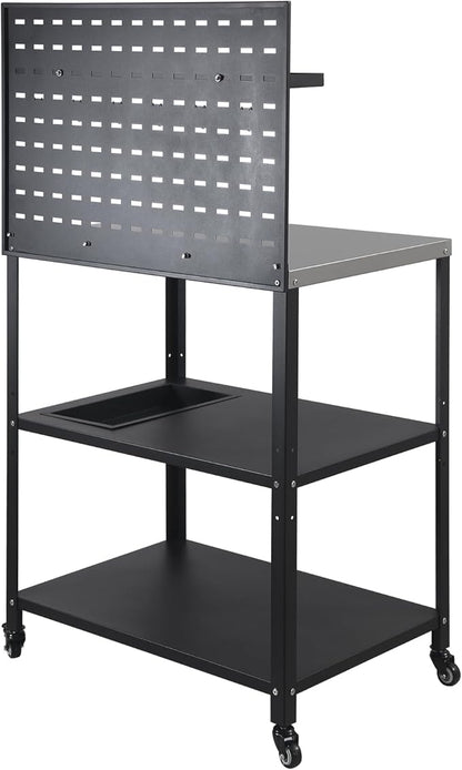 Three-Tier Grill Cart with Hanging Plate,Grill Table with 2 Locking Casters for Patio and Backyard,Stainless Steel Pizza Oven Stand Table,Black
