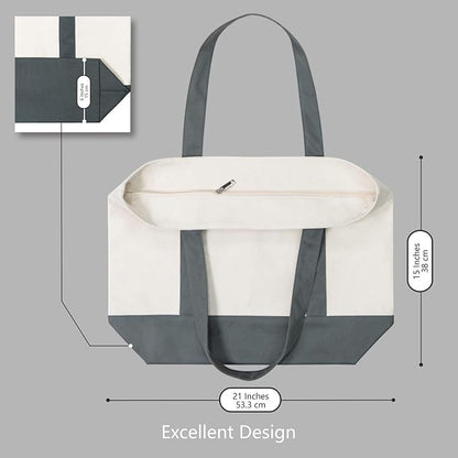 TOPDesign 3-Pack Canvas Tote Bags with an External Pocket, Reusable Grocery Shopping Bags, Top Zipper Closure, Daily Essentials (Grey/Natural)
