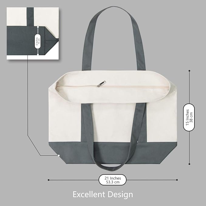 TOPDesign 6-Pack Canvas Tote Bags with an External Pocket, Reusable Grocery Shopping Bags, Top Zipper Closure, Daily Essentials (Grey/Natural)