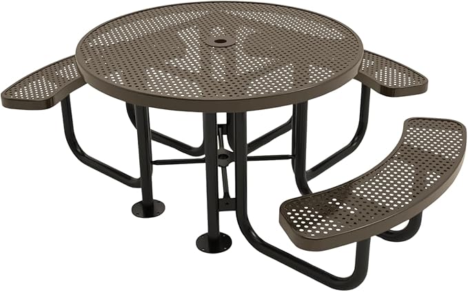 COATEDOUTDOORFURNITURE Heavy-Duty Portable Outdoor Picnic Table with Umbrella Hole, Punched Steel Patio Dining Furniture Made in America (46" Round Top, Textured Brown)