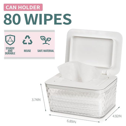 Wipes Dispenser, One-Handed Operation Wipe Holder for Baby & Adult, Seal-Designed Wipes Container for Bathroom Keep Diaper Wipes Fresh (2 Pack White)