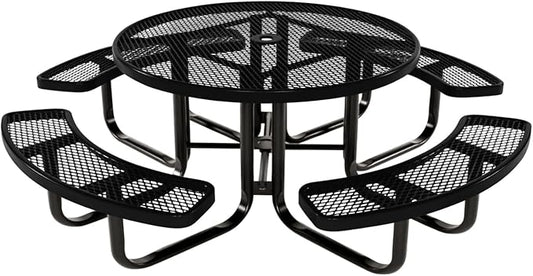 COATEDOUTDOORFURNITURE Heavy-Duty Portable Outdoor Kids Table with Umbrella Hole, Expanded Metal Kids Picnic Table, Commercial-Grade, Made in America (46 in, Round, Childrens, Textured Black)
