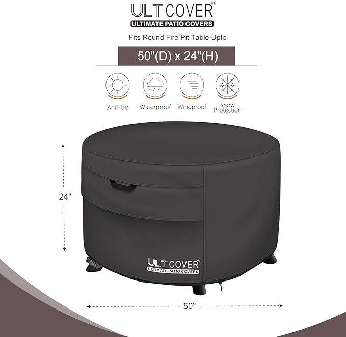 ULTCOVER Patio Fire Pit Table Cover Round 50 inch Outdoor Waterproof Fire Bowl Cover, Black