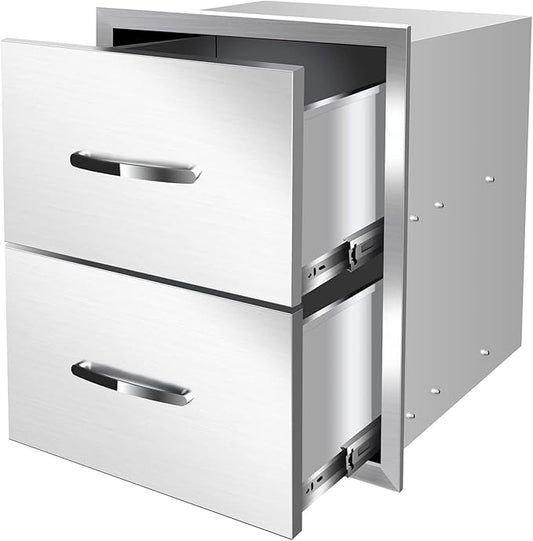 Outdoor Kitchen Drawers, Flush Mount Triple Access BBQ Drawers With Stainless Steel Handle, BBQ Island For BBQ Island Patio Grill Station,Double Drawers