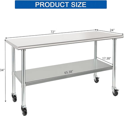 HARDURA Stainless Steel Table with Wheels 24 x 72 Inches Casters NSF Heavy Duty Commercial Work & Prep Table with Undershelf and Galvanized Legs for Restaurant Kitchen Bar and Hotel Garage