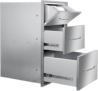 Outdoor Kitchen Drawers with Paper Towel Holder 17" W x 30"H Flush Mount BBQ Drawers with Chrome Handle,Stainless Steel Built-in Triple Access Drawers for Outdoor Kitchen Island, Patio Grill Station