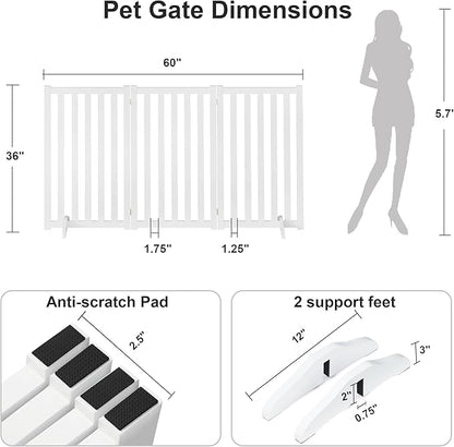 36" Height Extra Tall Freestanding Pet Gate, Solid Wood Folding Safety Fence Wooden Dog Gate with 2 PCs Support Feet Ideal for Stairs, Doorways, Halls, Kitchens, Heavy Duty Gates, 3 Panels, White