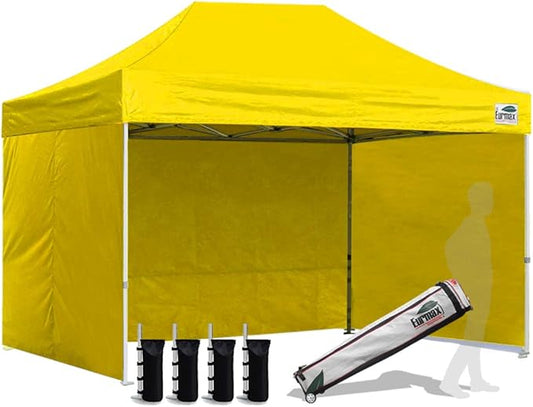 Eurmax USA 8'x12' Pop-up Canopy Tent Commercial Instant Canopies with 4 Removable Zipper End Side Walls and Roller Bag, Bonus 4 SandBags(Yellow)