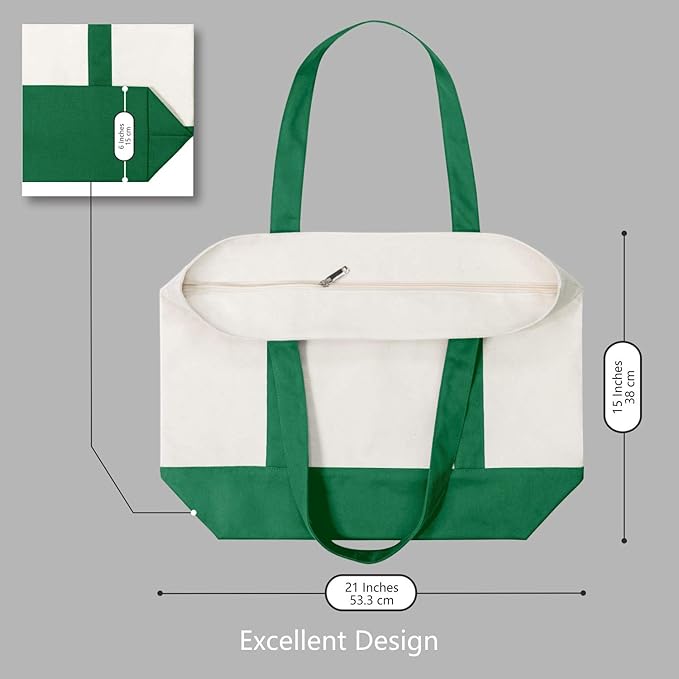 TOPDesign 3-Pack Canvas Tote Bags with an External Pocket, Reusable Grocery Shopping Bags, Top Zipper Closure, Daily Essentials (Green/Natural)