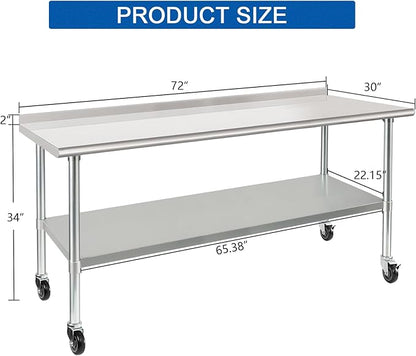 HARDURA Stainless Steel Table with Wheels 30X72 Inches NSF Heavy Duty Commercial Prep Table with 2” Backsplash and Adjustable Undershelf for Food Prep