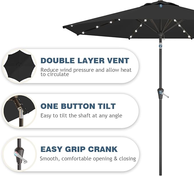 9FT Patio Umbrella with Solar Lights, Outdoor Market Umbrella with Tilt and - Image 2