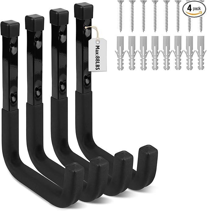 SEDY Heavy Duty Garage Storage Hook: 4-Piece 6" Wall Mount J Utility Hooks Holds 88 LB, Large Metal Garage Storage Ladders Hook, Utility Hooks for Bikes, Garden Tools