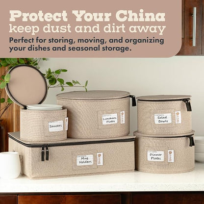 China Storage Hard Shell Containers 5-Piece Set Moving Boxes for Dinnerware, Glasses, Plates, Mugs and Saucers Sturdy Dish Organizer with Dividers for Seasonal Storage - Service for 12 - Brown