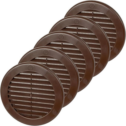 4 Inch [Opening] Brown Air Vent Cover – Pack of 5 – Plastic Round Air Vent Grill Cover for Wall or Ceiling, Built-in Mesh Screen/HVAC Return Air Register – Modern Louvered Design
