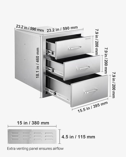 VEVOR Outdoor Kitchen Drawers 18.11" W x 23.23" D x 23.23" H, Triple-Access Stainless Steel BBQ Drawers with Handles, BBQ Island Drawer for Outdoor Kitchens or Barbeque Island Patio Grill Station