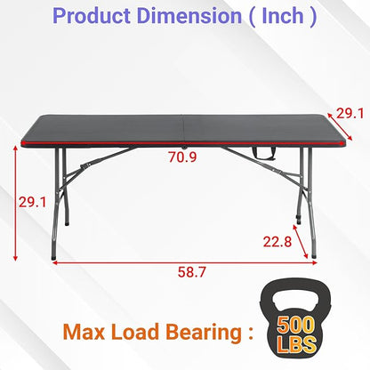FDW 6FT Folding Table, Portable Fold-in-Half Plastic Picnic Party Table with Carrying Handle （Black, 6FT）