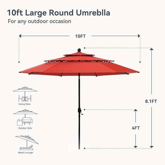 PHI VILLA 10ft Outdoor Patio Umbrellas, 3 Tier Vented Table Umbrella Red | - Image 2