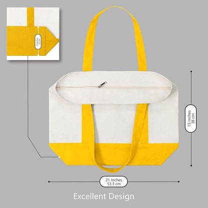 TOPDesign 3-Pack Canvas Tote Bags with an External Pocket, Reusable Grocery Shopping Bags, Top Zipper Closure, Daily Essentials (Yellow/Natural)