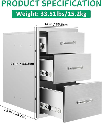 Outdoor Kitchen Drawers 14" W x 21" H x 23" D Stainless Steel Triple Drawers with Ergonomic Handle for BBQ Island, Patio Grill Station & Outdoor Kitchen Cabinets