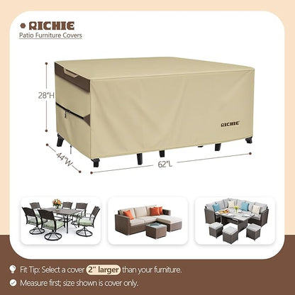 Outdoor Patio Furniture Cover - Heavy Duty Waterproof 600D Tough Canvas Protector for Rectangular Table Cover, All-Season Dining Table and Chair Covers (62L x 44W x 28H Inch)