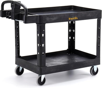 ELAFROS Extra Large Heavy Duty Plastic Utility Work Cart 43.5 x 24.6 Inch – 2 Tier Work Cart with Deep Tub Shelves, Ergonomic Handle, 5 Inch Casters, 550 lbs Capacity, Black