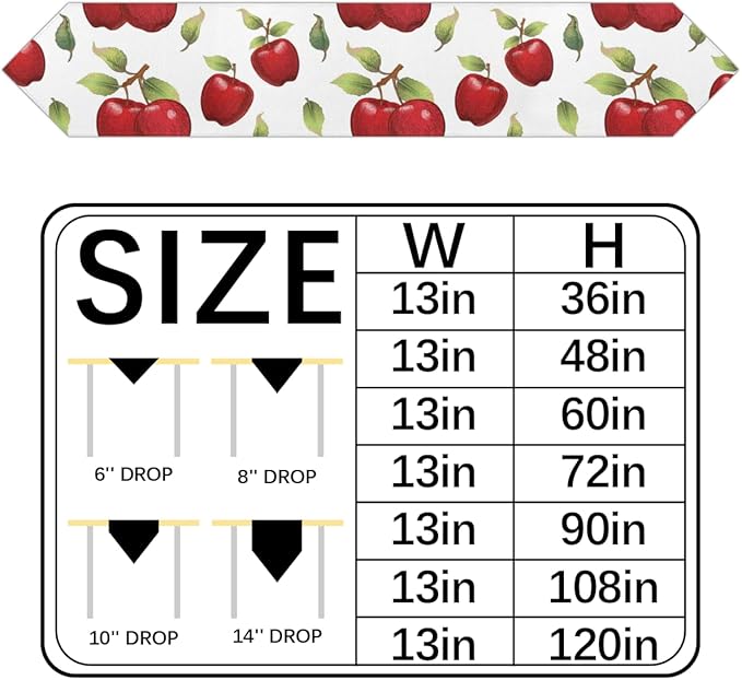 Apples Leaves Table Runners 90 Inches Long Table Runner Washable Kitchen Dining Tabletop Decor for Indoor Outdoor Party Wedding Dining Room Coffee Table Decoration 13x90 Inch