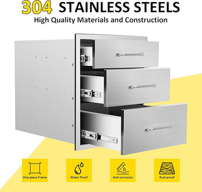 Outdoor Kitchen Drawers 18" W x 21" H x 23" D Flush Mount Triple BBQ Drawers with Chrome Handle Stainless Steel Drawer for Outdoor Kitchen Island, Patio Grill Station