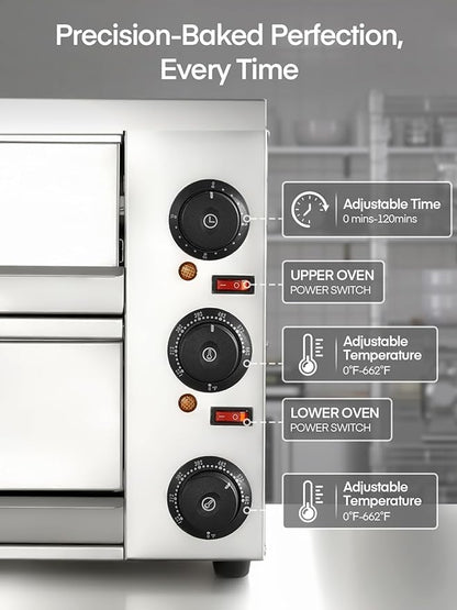 12 Inch Commercial Pizza Oven, Countertop Pizza Ovens with 662°F Max Temp, 2-Layer Electric Pizza Cooker with Alert Timer, 2200W Stainless Steel Pizza-Maker Machine, for Restaurant,Home, Party