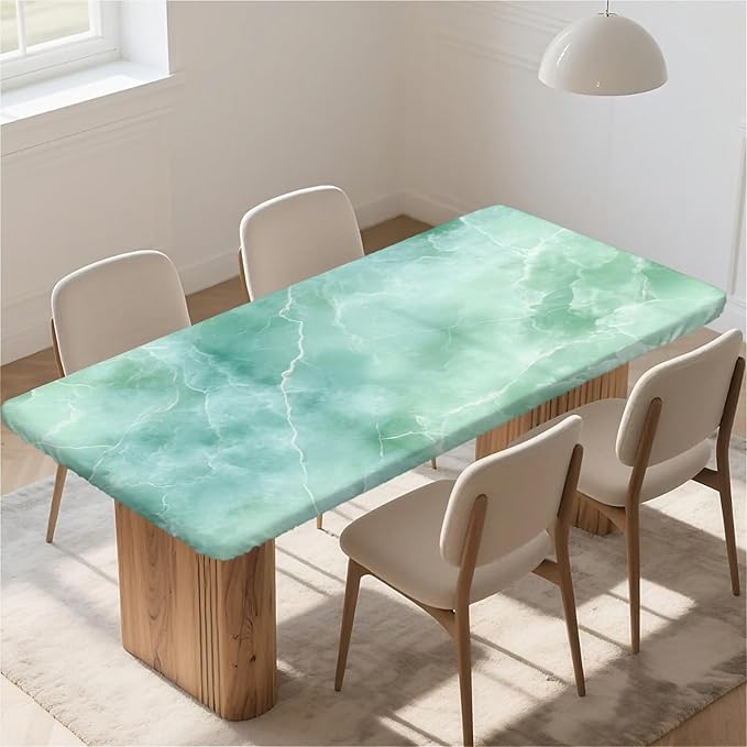 Rectangle Table Cloth Cover Waterproof Elastic Fitted Polyester Fitted Tablecloths for 6 Foot Tables for Indoor,Picnic, Camping, Outdoor （60" x 30"，Green Marble）