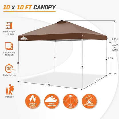 EAGLE PEAK Pop Up Canopy Tent with Wheeled Carry Bag, 8 Stakes, 4 Ropes, 4 Weight Bags, Easy Set Up Tent Canopy, 10x10 ft, 100sqft of Shade, Dark Brown