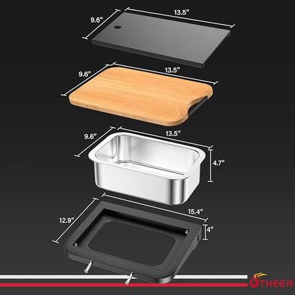 Utheer Grill Side Table Shelf for Weber Searwood 600/600XL – Foldable BBQ Prep Station with Works Cutting Board, Stainless Steel Basin, Lid & Hooks, Side Table for Weber Searwood 600 Accessories