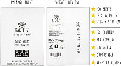 BAKELUV White Parchment Paper Sheets 12x16” | 200 Pcs | Non-Stick Precut Parchment Paper for Baking Sheets, Baking Paper, Unbleached Cookie Sheets, Wax Paper | Oven, Air Fryer, Grilling, Freezer