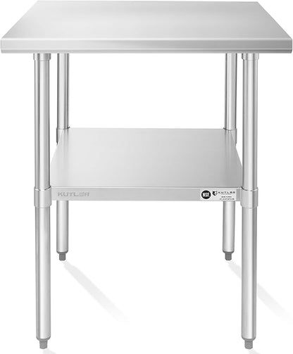 KUTLER Stainless Steel Table 30 x 30 Inches, NSF Heavy Duty Commercial Kitchen Prep and Work Table with Undershelf for Restaurant, Hotel, Home