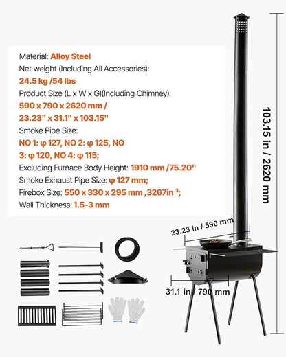 VEVOR 118" Camping Wood Stove, Portable Alloy Steel Tent Stove with 3000in³ Firebox, Outdoor Heating & Cooking Stove with Chimney Pipes & Gloves, Includes 8 Pipes for Efficient Heating