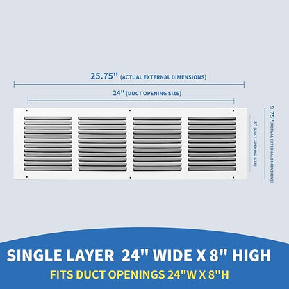 24x8 Return Air Grille (Duct Opening Size), Air Return Vent Cover, AC Vent Cover, Cold Air Return Vent Cover, Flat Return Air Grilles, Outer Dimensions:25.75"W x 9.75"H (24"Wx8"H, Duct Opening)